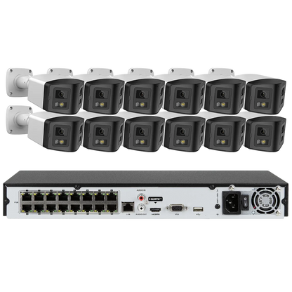 16ch POE NVR Dual-Lens Security Camera 180° Panorama Turret Color Night Vision Human/Vehicle IP67 H.265 Surveillance 2 Way Voice