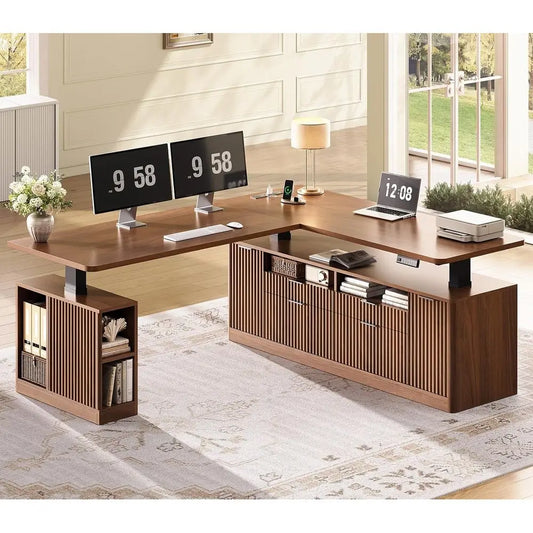 69 x 55 L-Shaped Electric Desk with 4 Drawers, Storage, Power Outlet, Brown
