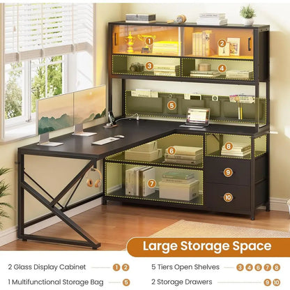 L Shaped Gaming Desk, Home Oice Computer Desk with 2 Der and Bookshel, L Shaped Gaming Desk with LED Light, Glass Cabinet and St