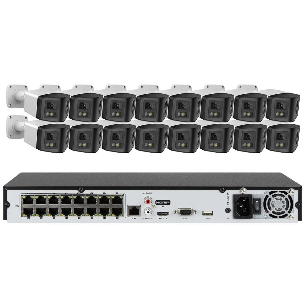 16ch POE NVR Dual-Lens Security Camera 180° Panorama Turret Color Night Vision Human/Vehicle IP67 H.265 Surveillance 2 Way Voice