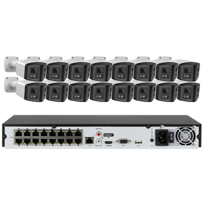 16ch POE NVR Dual-Lens Security Camera 180° Panorama Turret Color Night Vision Human/Vehicle IP67 H.265 Surveillance 2 Way Voice