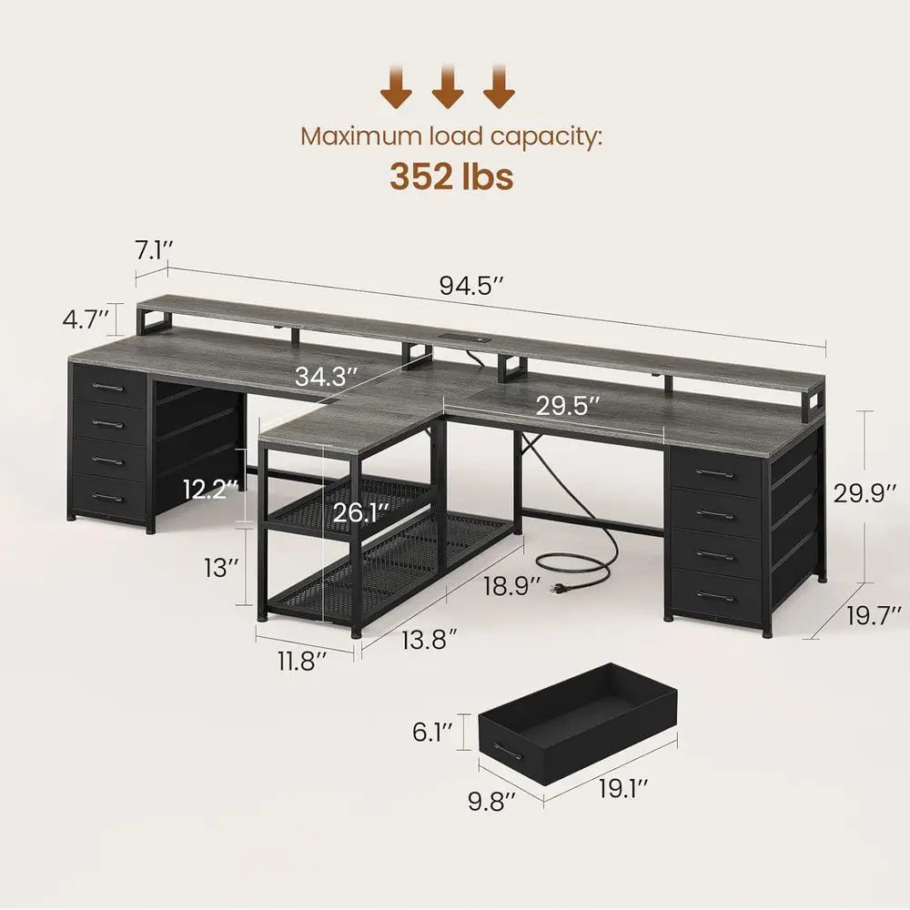 94.5" 2 Person Gaming Desk, Long Oice Computer Desk with 8 Ders & LED Lights, Two Person Desk with Storage, Power Strip & Monito