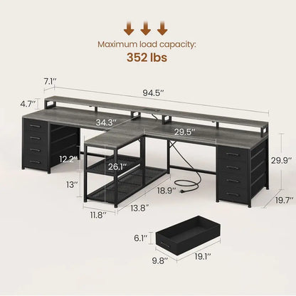 94.5" 2 Person Gaming Desk, Long Oice Computer Desk with 8 Ders & LED Lights, Two Person Desk with Storage, Power Strip & Monito