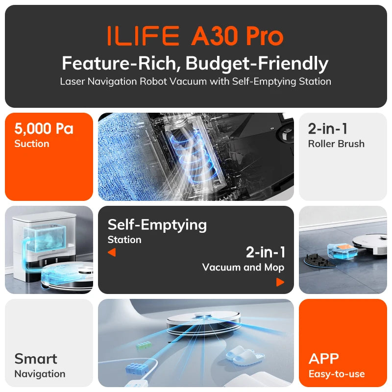 ILIFE A30 PRO 5000Pa Suction, Robot Vacuum and Mop Combo, Self emptying, 60 day capacity,  App/remote , 180 minute running time