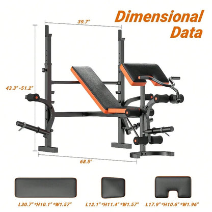 Large Fitness Equipment Bench Press Set With Leg Extension, 6 In 1 Weight Bench For Home Gym, Adjustable Workout Bench With Rack & Preacher Pad, Full Body Flat Incline Bench For Weight Lifting