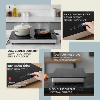 Double Induction Hob 24 Inch For Kitchen Countertop Apartment RV 1800W Dual Burner Touch Control Stove Built-in Cooktop 9 Power Levels Child Lock Timer Glass Surface