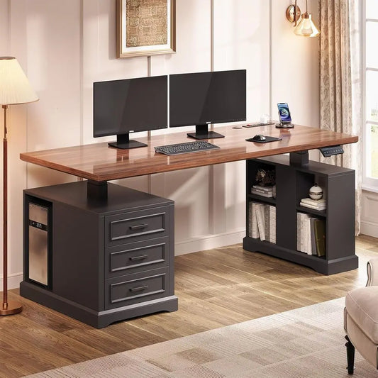 armhouse Electric Standing Desk, 63" Height Adjustable Computer Desk with 3 Ders, Storage Shelves, Power Outlets, Wood Home Oice