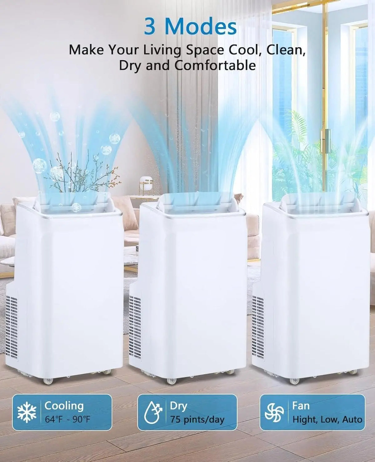 12000 BTU Portable Air Conditioner Free Standing AC Unit With Remote Control Dehumidifier Fan Auto Swing And Smart Sleep Mode Quiet Operation For Rooms Up To 500 Sq Ft White