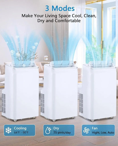 12000 BTU Portable Air Conditioner Free Standing AC Unit With Remote Control Dehumidifier Fan Auto Swing And Smart Sleep Mode Quiet Operation For Rooms Up To 500 Sq Ft White