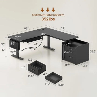 L Shaped Electric Standing Desk with ile Cabinet, 63 x 53'' Height Adjustable Home Oice Computer Desk with Ders, Power Outlet, S