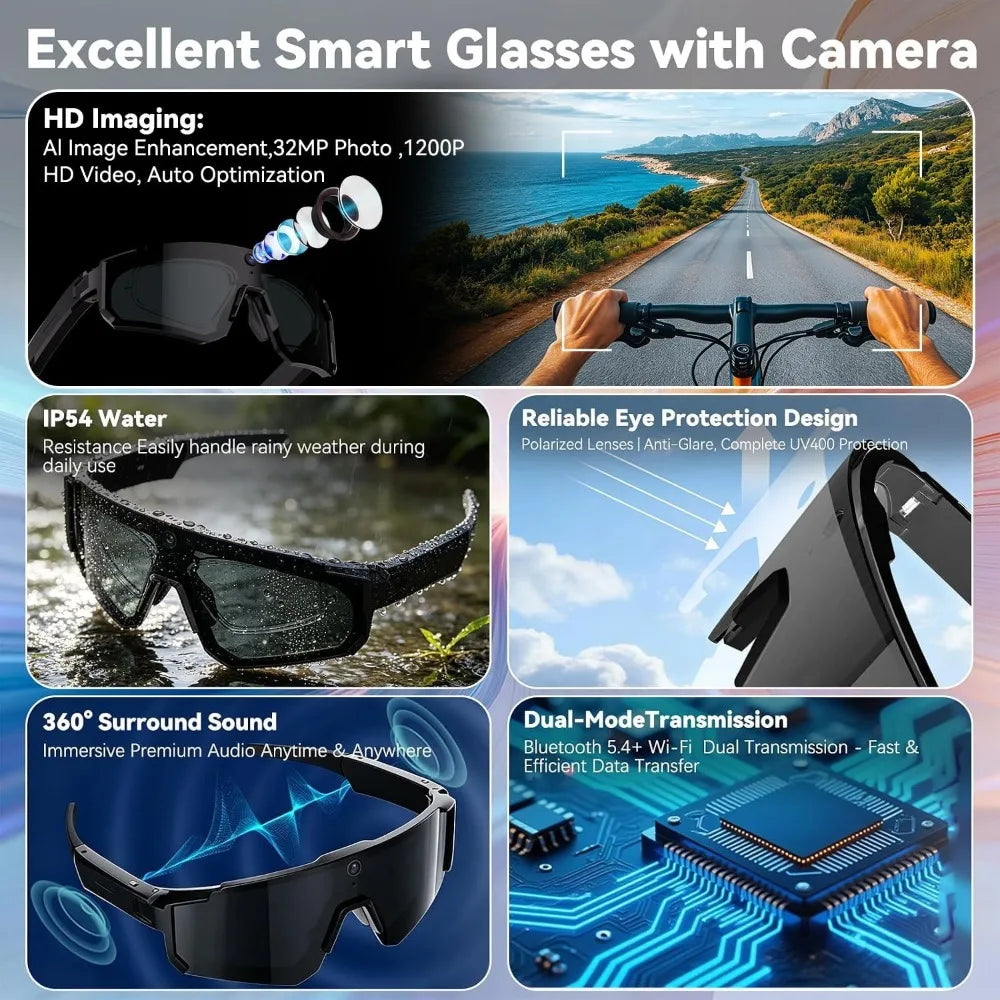 Camera-equipped Glasses, HD Recording, Waterproof Bluetooth Sunglasses, AI Assistant, Touch Control, UV Protection