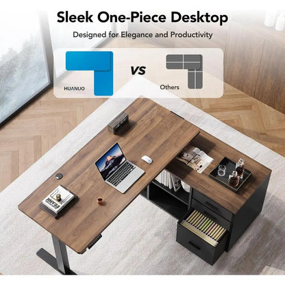55 L-Shaped Electric Standing Desk with Drawers, Adjustable Height, 4 Memory Presets, Walnut Finish