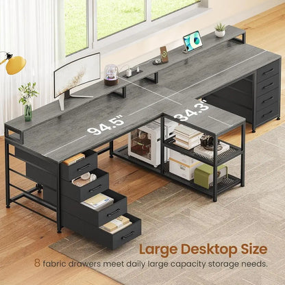 94.5" 2 Person Gaming Desk, Long Oice Computer Desk with 8 Ders & LED Lights, Two Person Desk with Storage, Power Strip & Monito