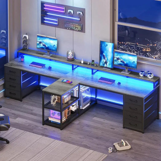 94.5" 2 Person Gaming Desk, Long Oice Computer Desk with 8 Ders & LED Lights, Two Person Desk with Storage, Power Strip & Monito