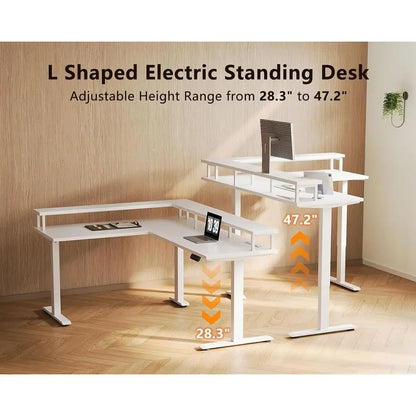 59 L-Shaped Electric Desk with Monitor Stand, 3 Memory Settings, White | Ideal for Home Office, Computer Workstation