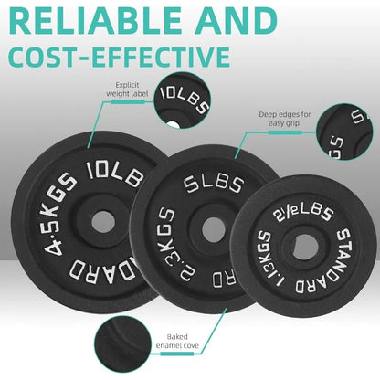 Large Fitness Equipment Cast Iron Weight Plates Set with 5FT Barbell & Star Locks - 45 lbs Total