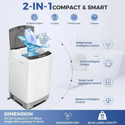 Portable Washing hine or Aparent, 20Lbs 2.8Cu.t, Drain Pump | Washer and Dryer Combo, 350w Turbo Wash, 10 Progs 8 Water Levels,