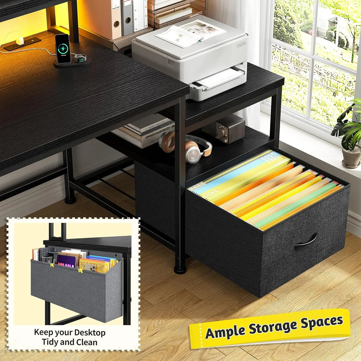 Gaming Desk with Monitor Stand,Computer Desk with LED Lights &Power Outlets,Office Desk with Drawers & Printer, Customized