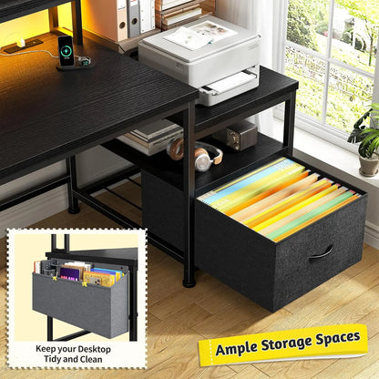 Gaming Desk with Monitor Stand,Computer Desk with LED Lights &Power Outlets,Office Desk with Drawers & Printer, Customized